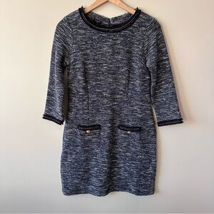 Talbots Tweed Shift Dress Womens 4 Petite Gold Buttons Front Pockets Scoop Neck